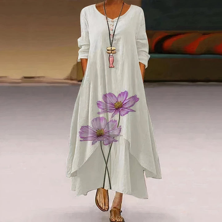 Women's Floral Print Long-Sleeve Loose A-Line Maxi Dress - White 3