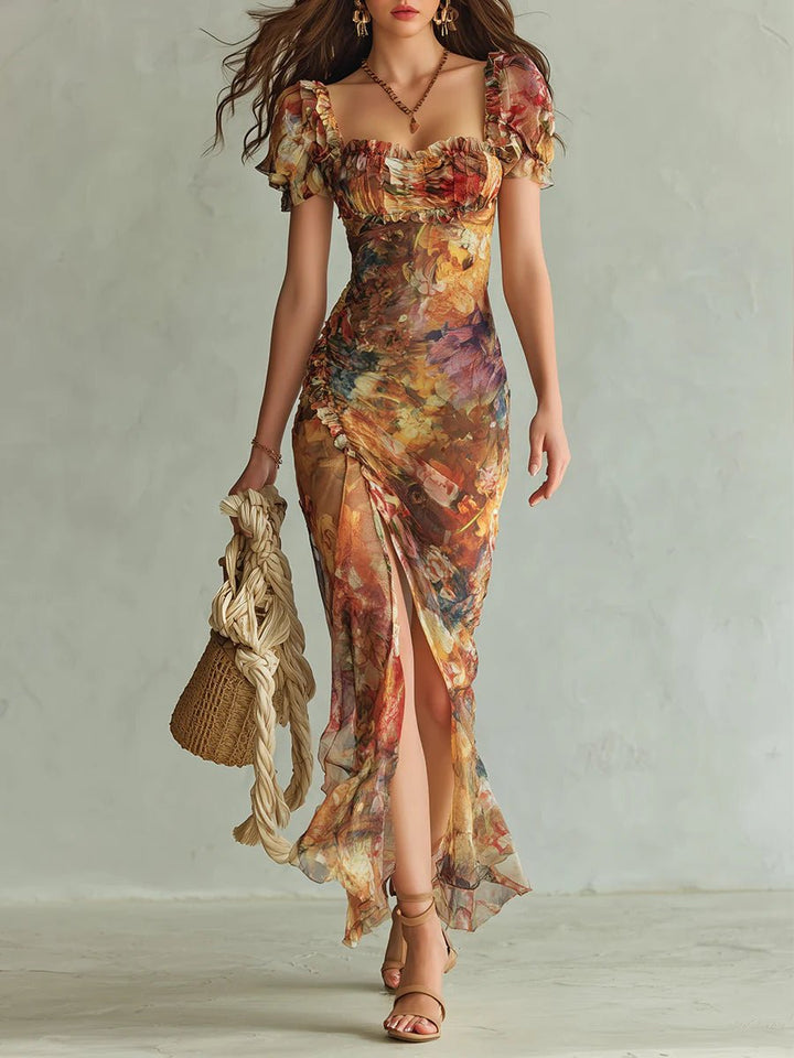 Women's Floral Print Ruffle Sweetheart Chiffon Maxi Dress - Orange
