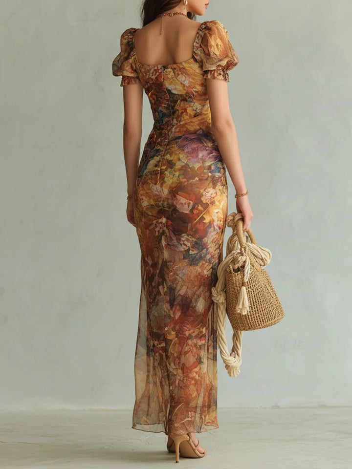 Women's Floral Print Ruffle Sweetheart Chiffon Maxi Dress