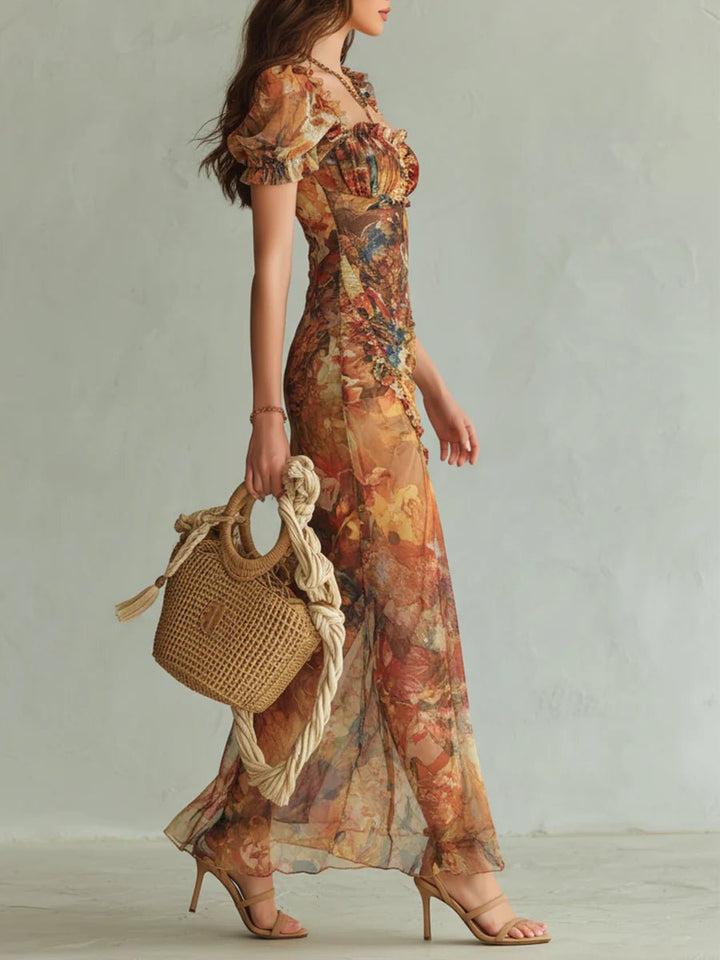 Women's Floral Print Ruffle Sweetheart Chiffon Maxi Dress