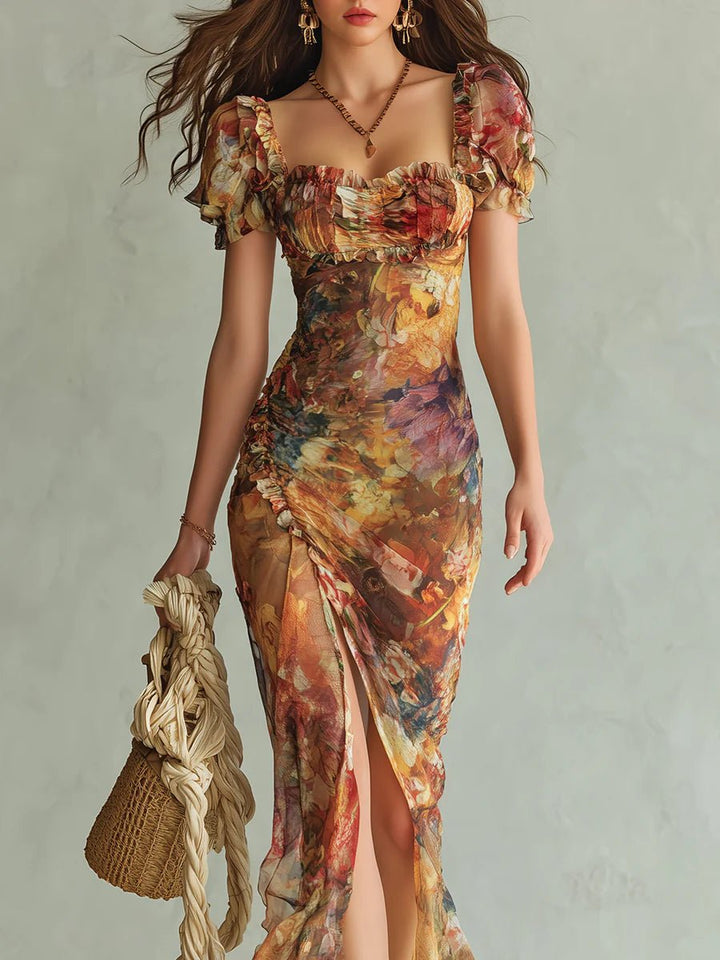 Women's Floral Print Ruffle Sweetheart Chiffon Maxi Dress