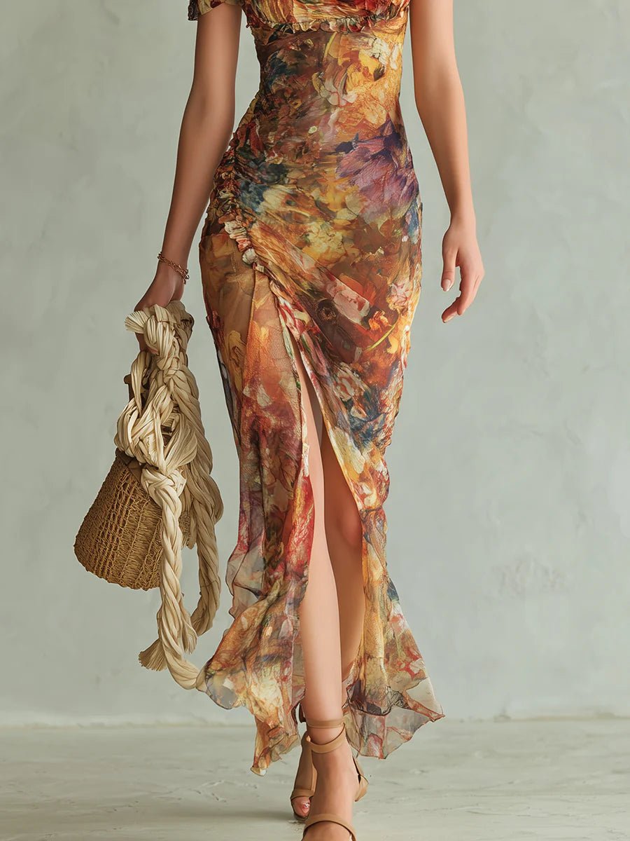 Women's Floral Print Ruffle Sweetheart Chiffon Maxi Dress