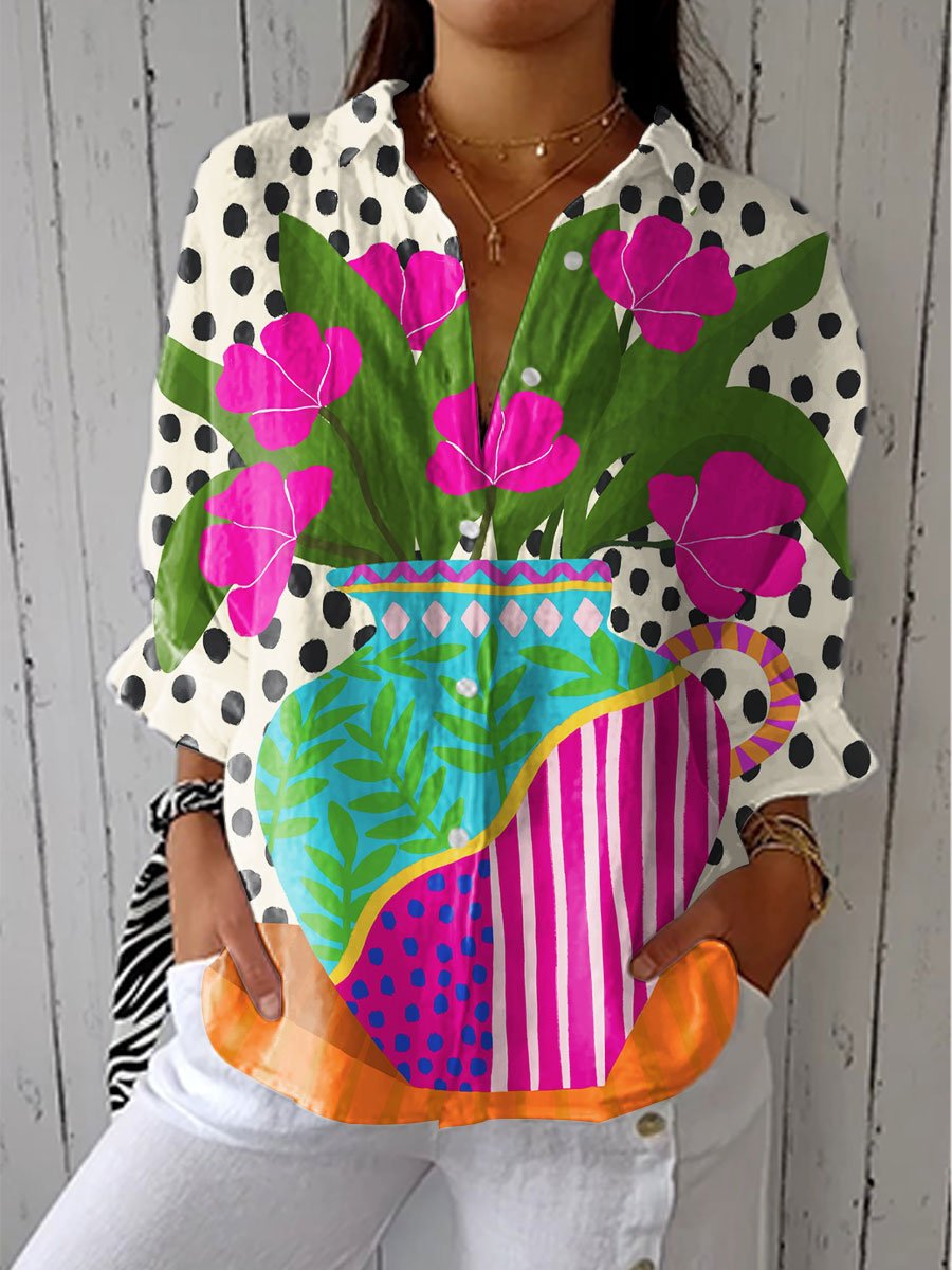 Women's Floral Print Shirt Button Front Long Sleeve - Multicolor