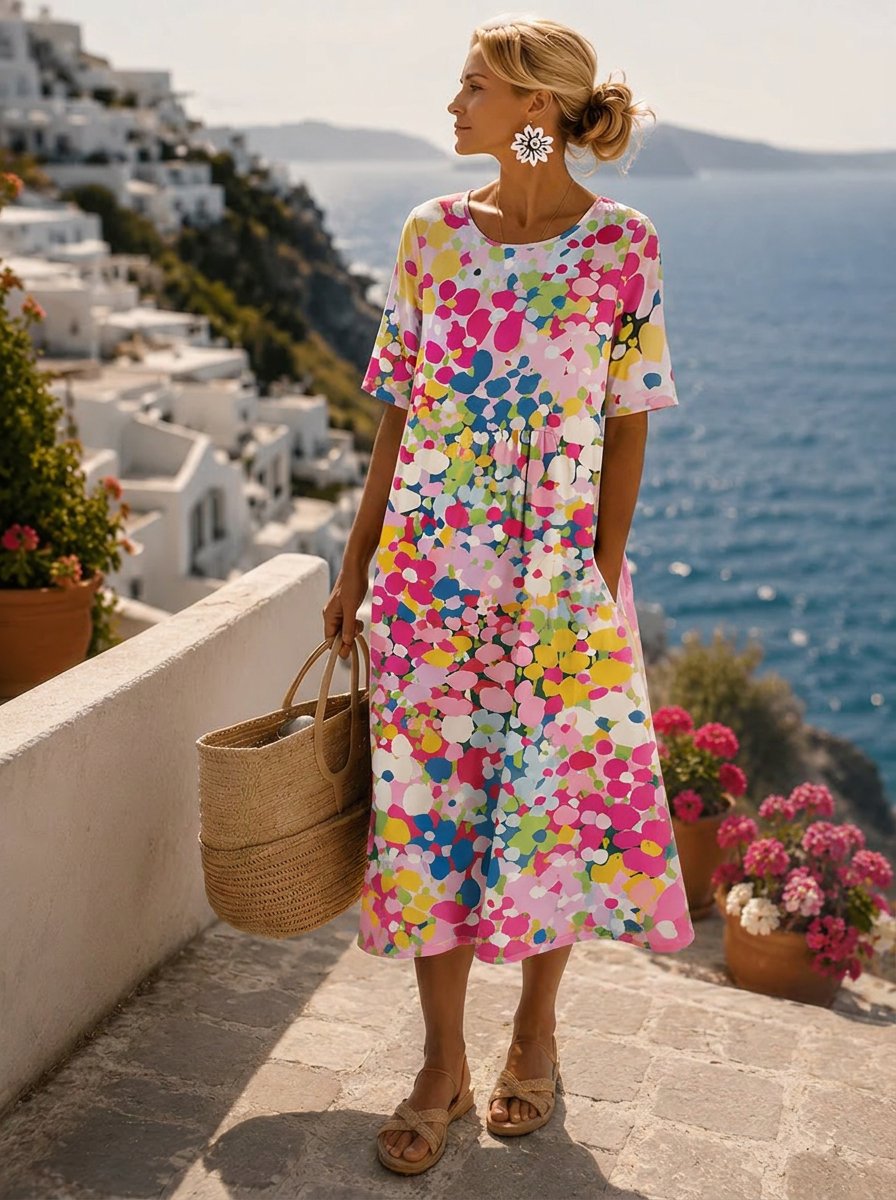 Women's Floral Print Short Sleeve Relaxed Midi Dress - Pink