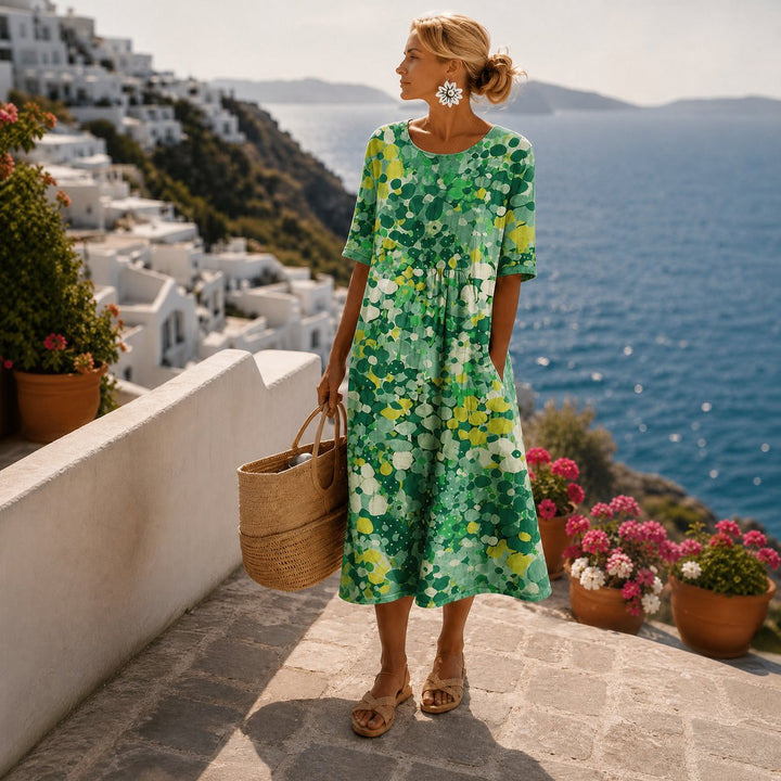 Women's Floral Print Short Sleeve Relaxed Midi Dress - Green