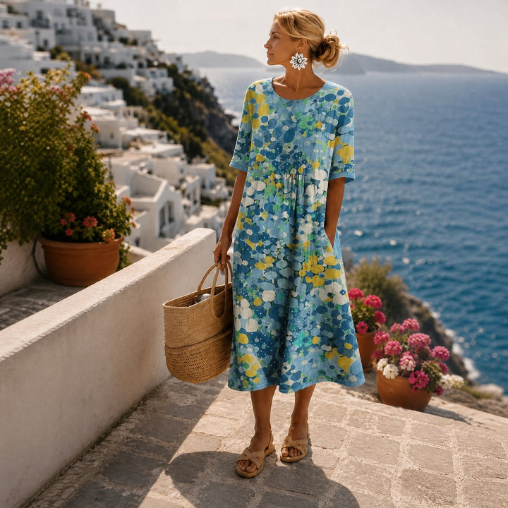 Women's Floral Print Short Sleeve Relaxed Midi Dress - Blue