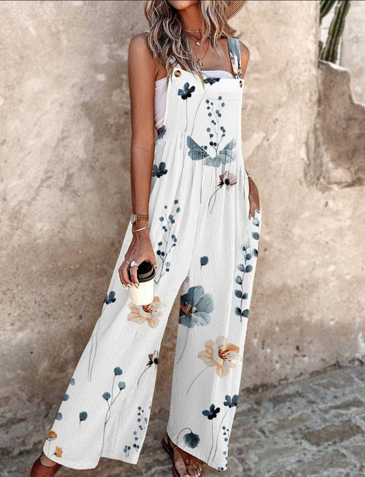 Women's Floral Print Wide-Leg Sleeveless Dungaree Jumpsuit