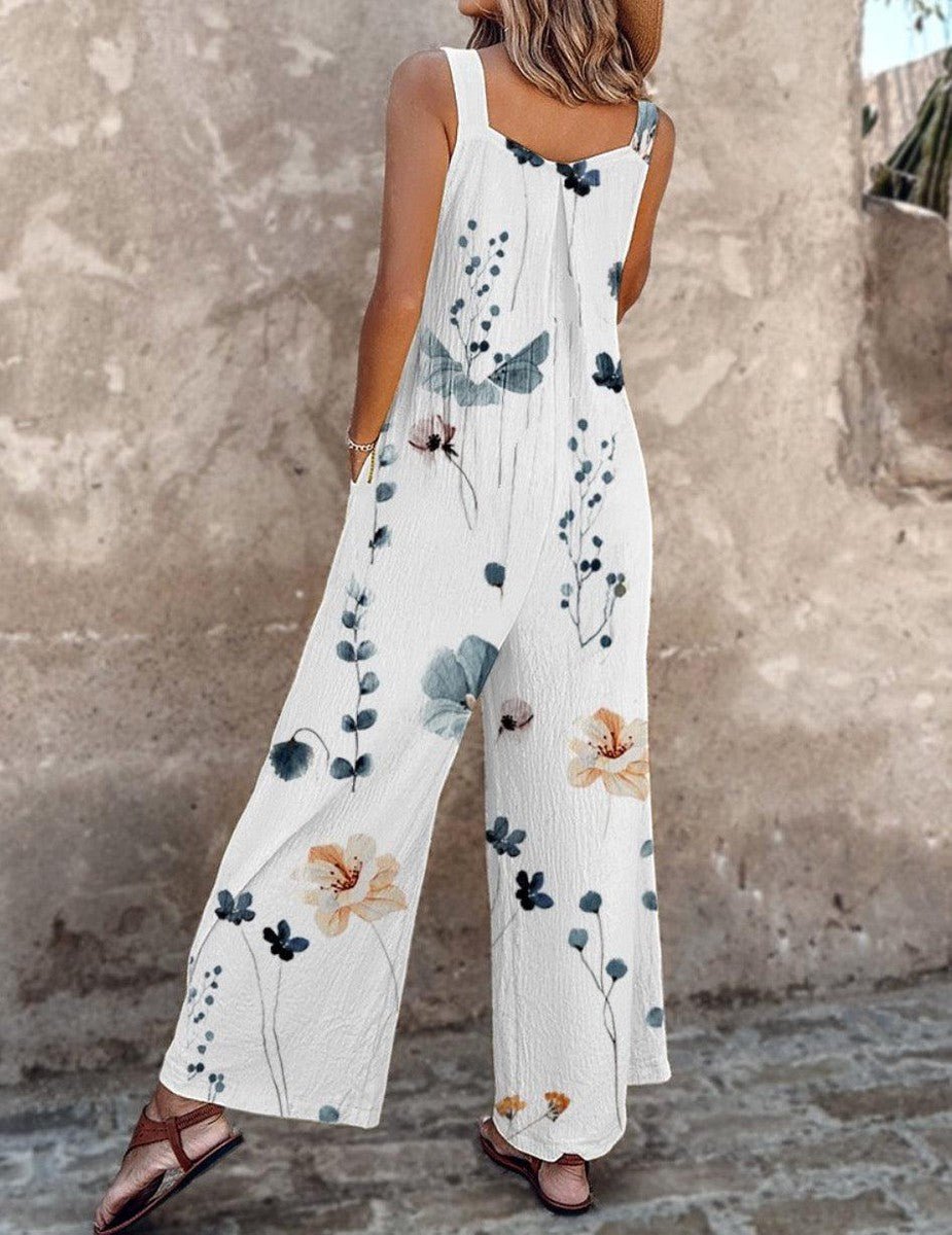 Women's Floral Print Wide-Leg Sleeveless Dungaree Jumpsuit
