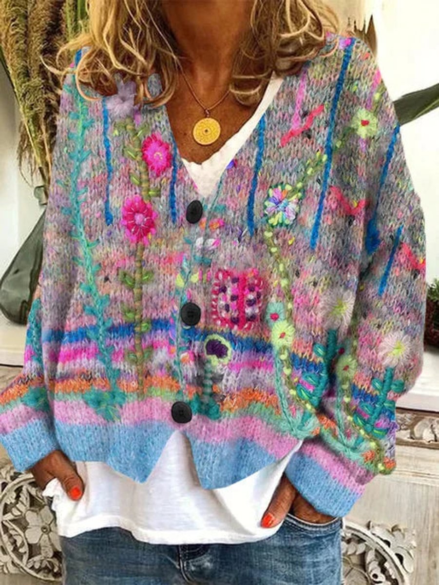 Women's Floral Printed Button-Up Oversized Cardigan - Grey