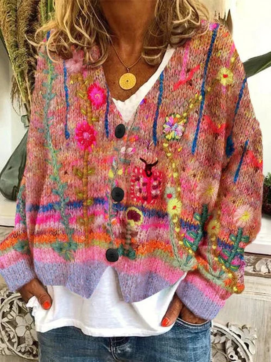 Women's Floral Printed Button-Up Oversized Cardigan - Orange