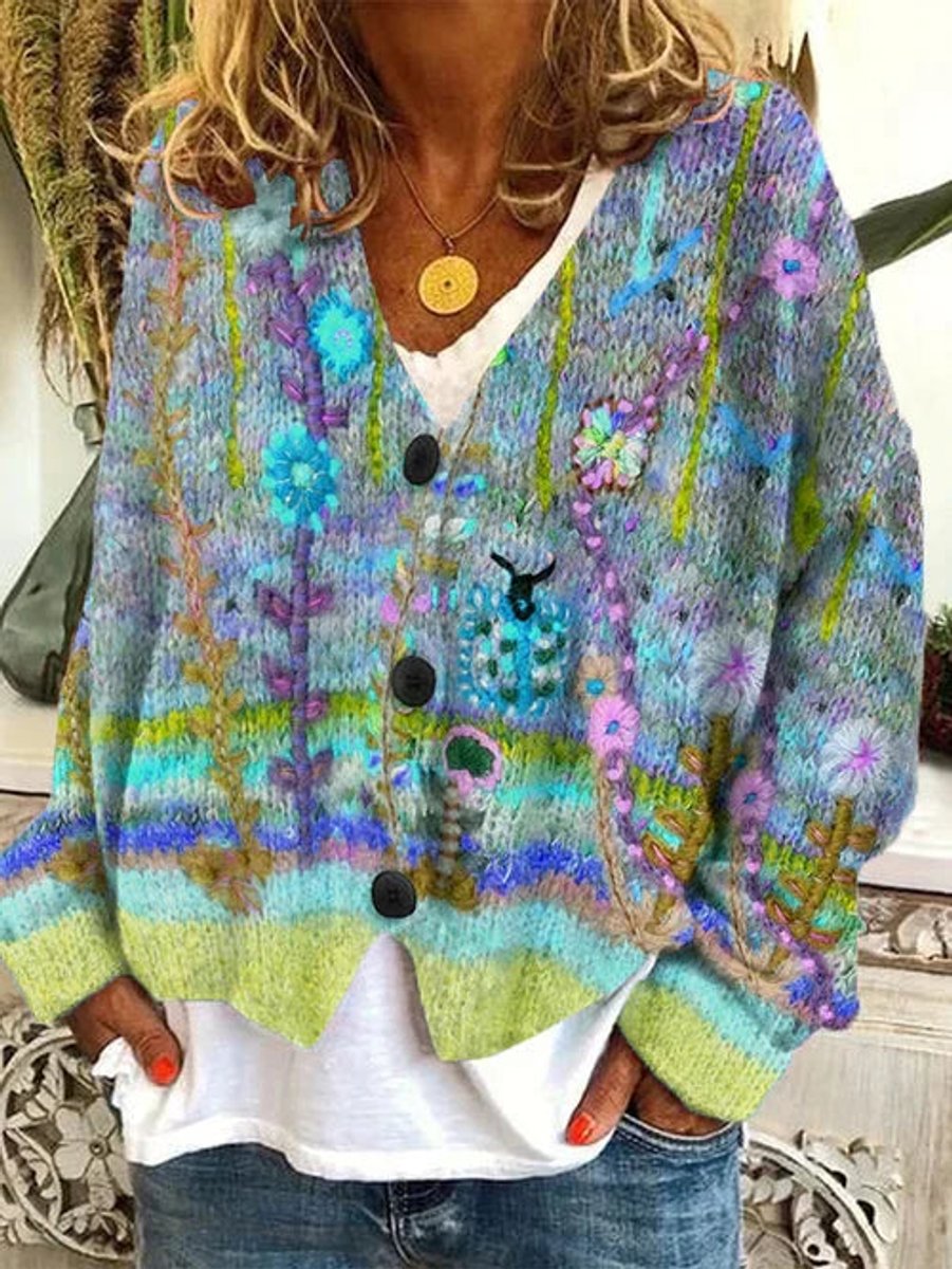 Women's Floral Printed Button-Up Oversized Cardigan - Blue