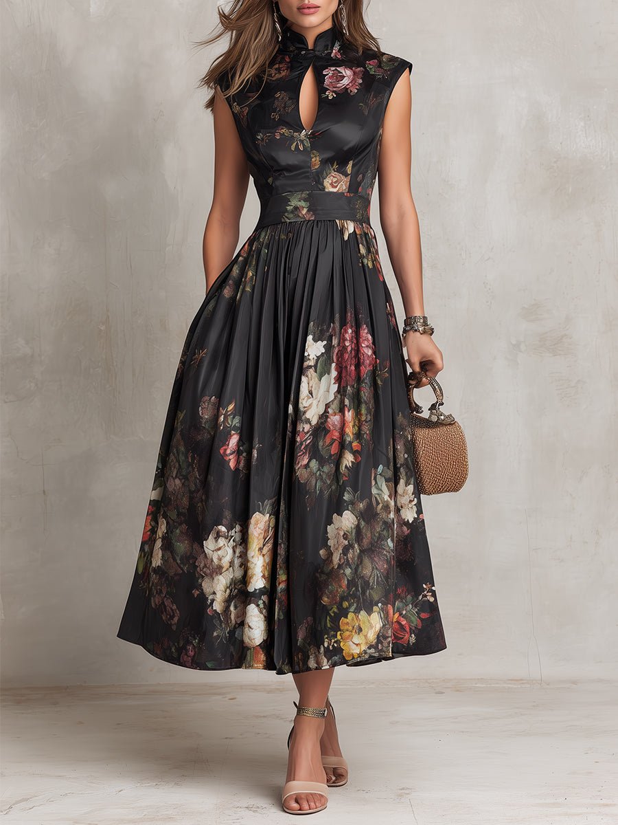 Women's Floral Satin Keyhole-Collar Midi Dress - Black