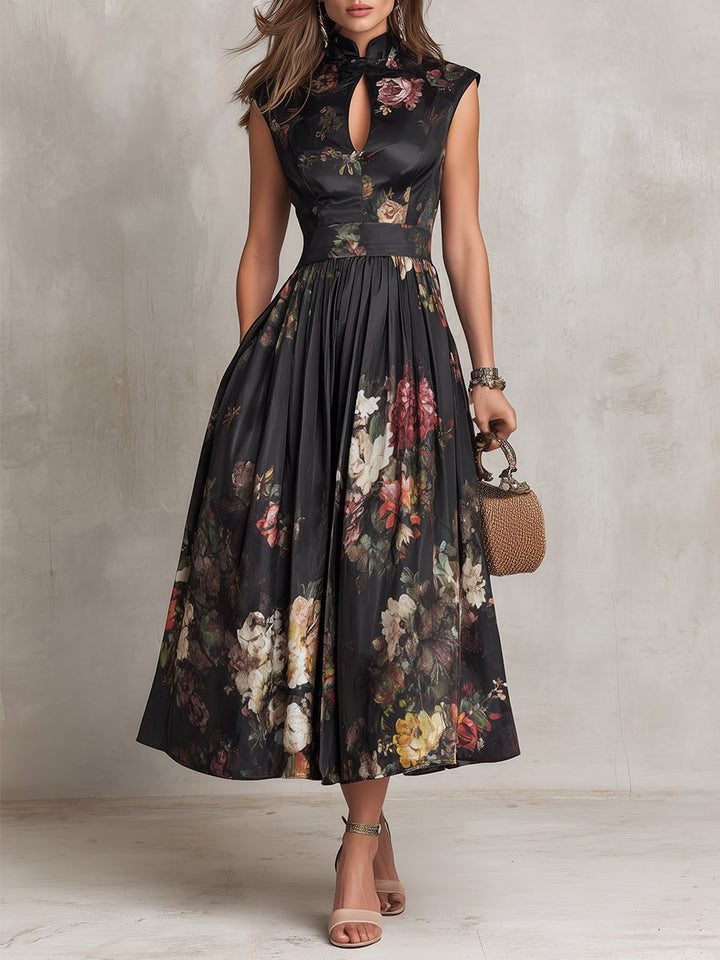 Women's Floral Satin Keyhole-Collar Midi Dress - Black