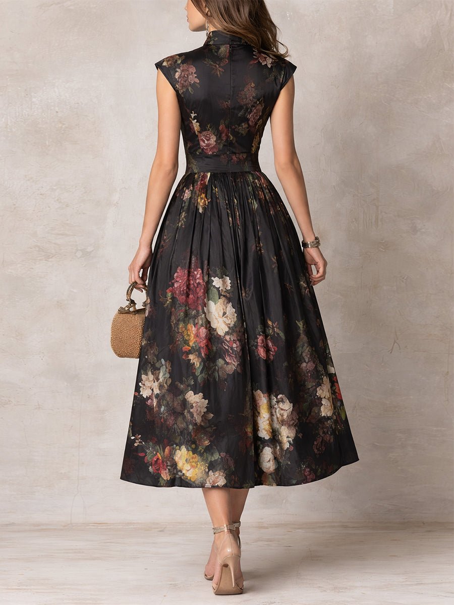 Women's Floral Satin Keyhole-Collar Midi Dress