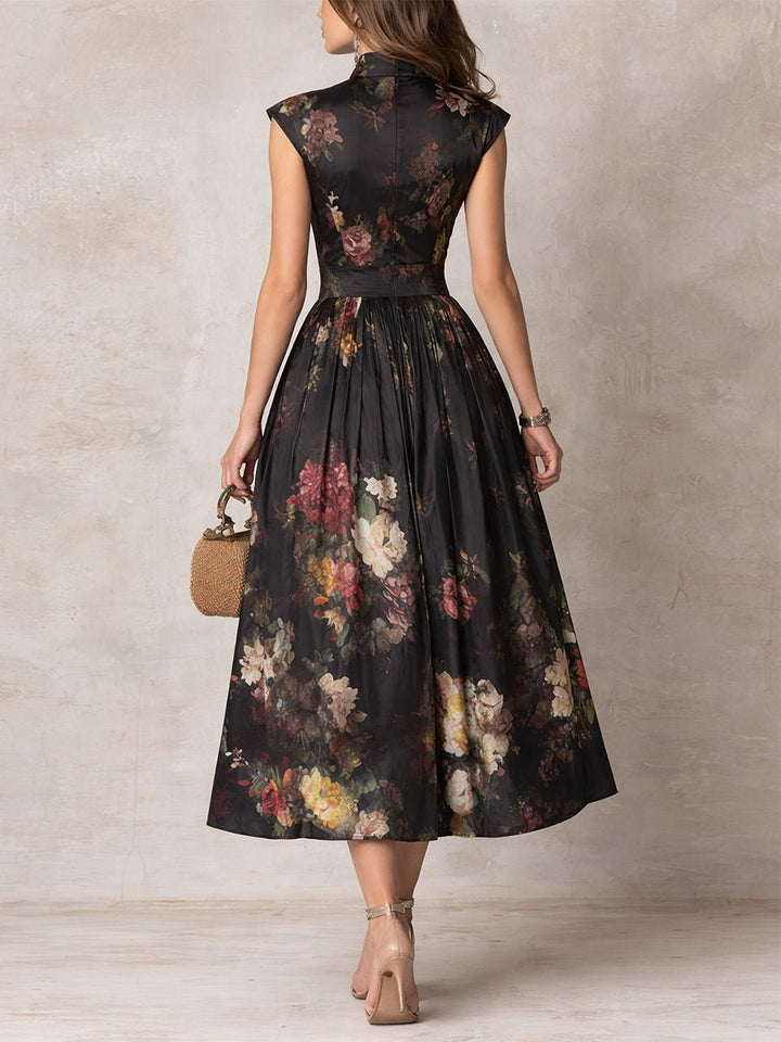 Women's Floral Satin Keyhole-Collar Midi Dress