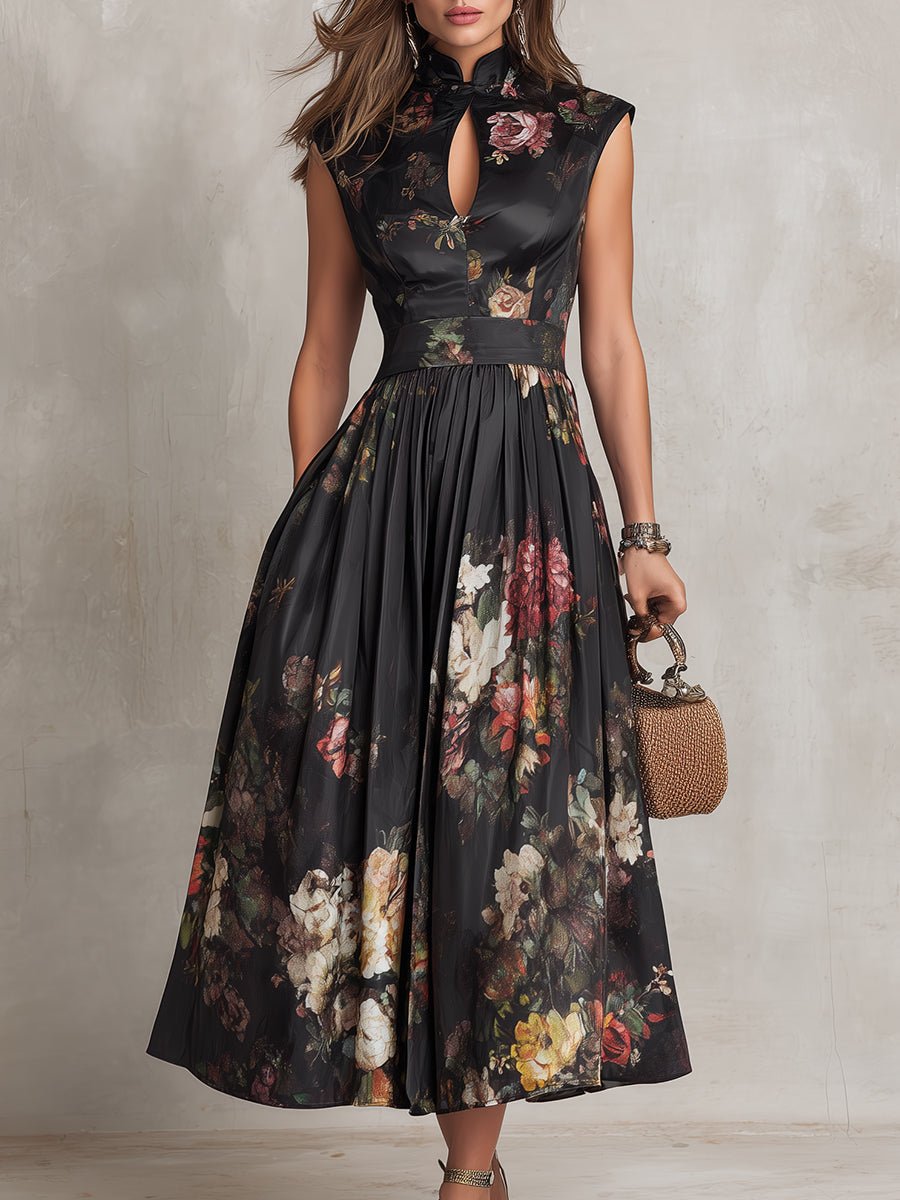Women's Floral Satin Keyhole-Collar Midi Dress