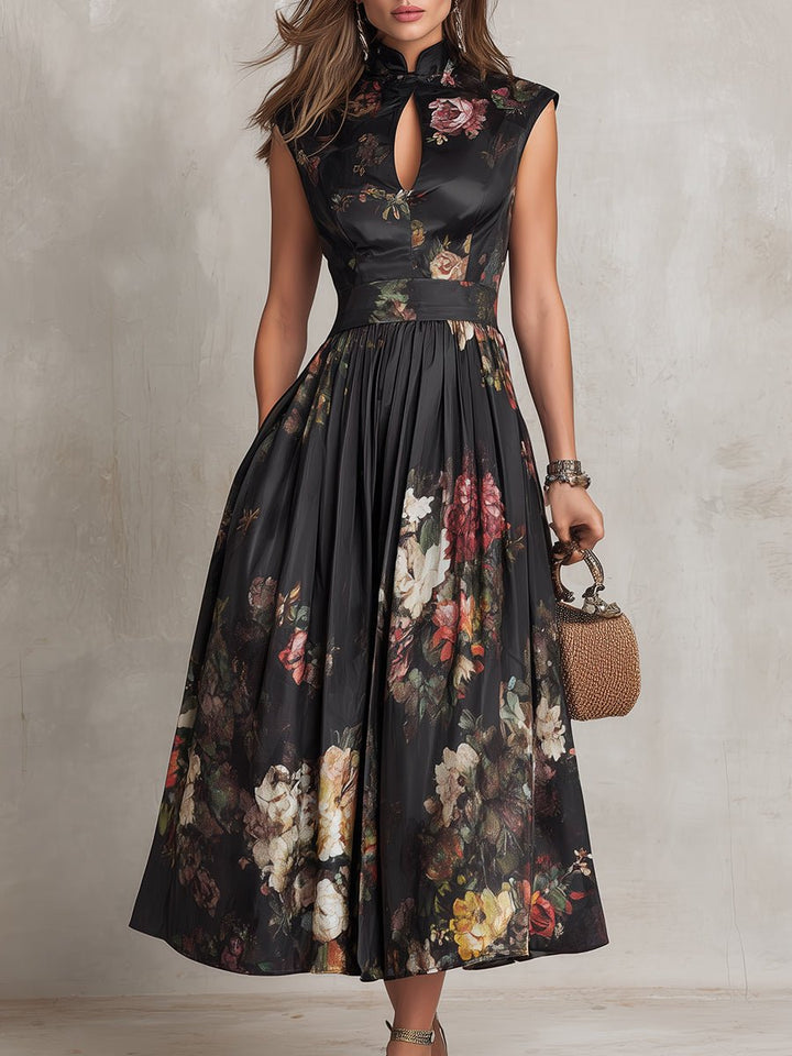 Women's Floral Satin Keyhole-Collar Midi Dress
