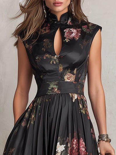 Women's Floral Satin Keyhole-Collar Midi Dress
