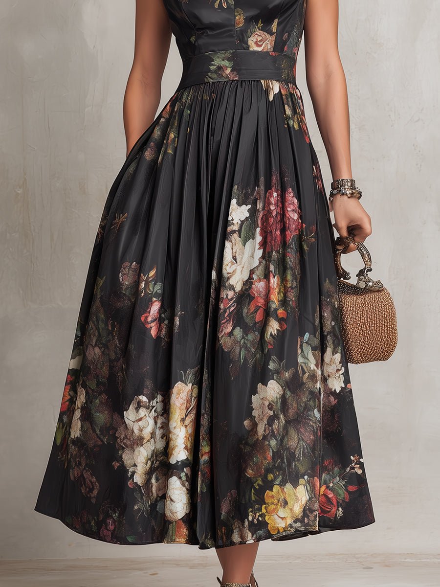 Women's Floral Satin Keyhole-Collar Midi Dress