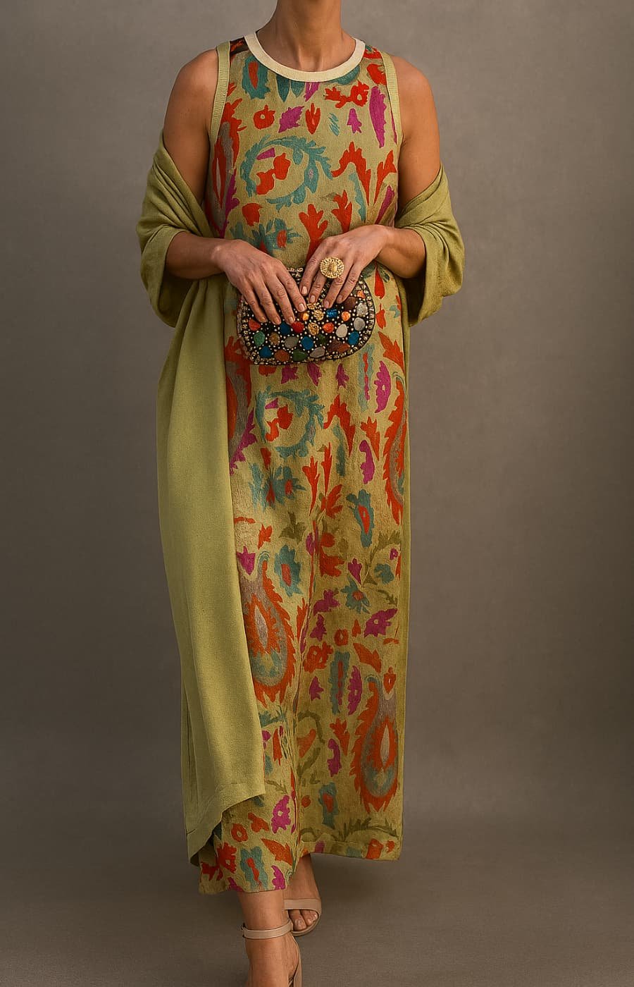Women's Floral Sleeveless Maxi Dress Matching Shawl Set - Green