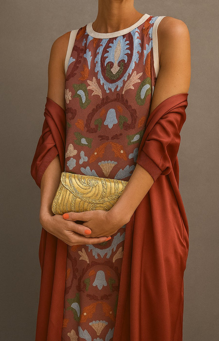 Women's Floral Sleeveless Maxi Dress Matching Shawl Set - Brown