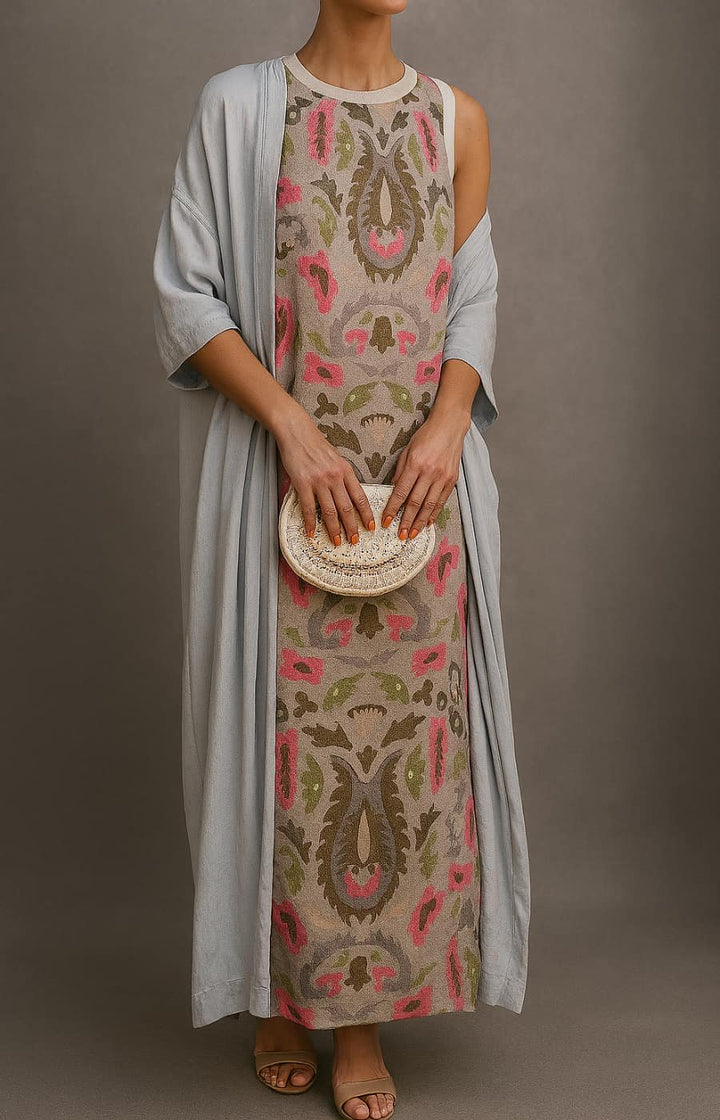 Women's Floral Sleeveless Maxi Dress Matching Shawl Set - Khaki