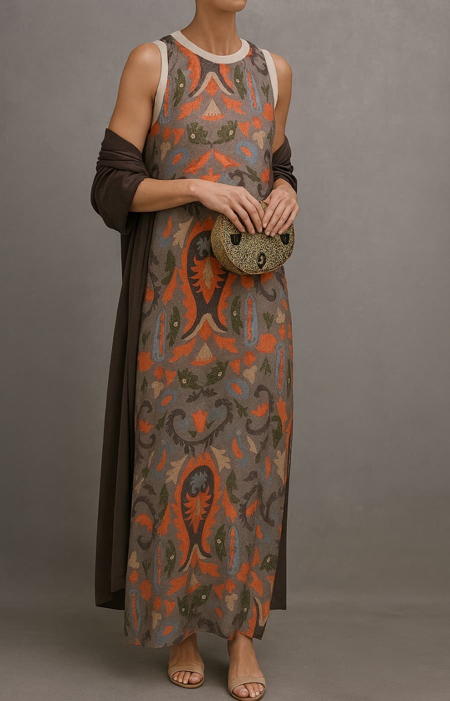 Women's Floral Sleeveless Maxi Dress Matching Shawl Set - Gray