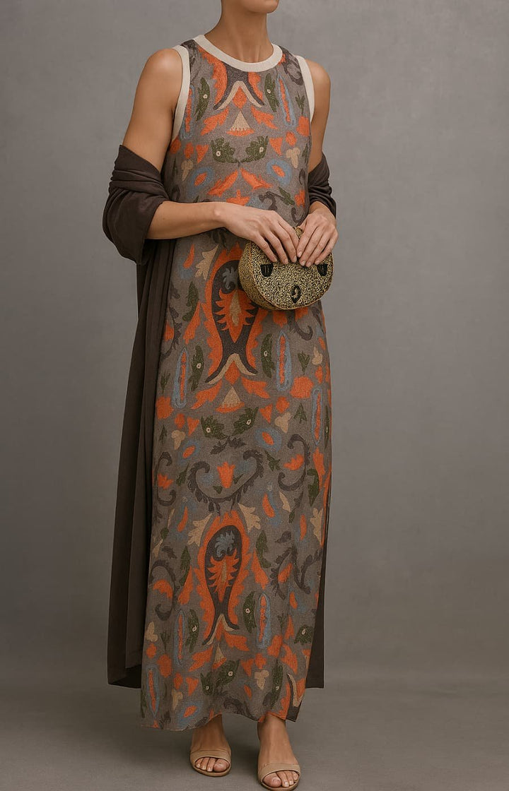 Women's Floral Sleeveless Maxi Dress Matching Shawl Set - Gray