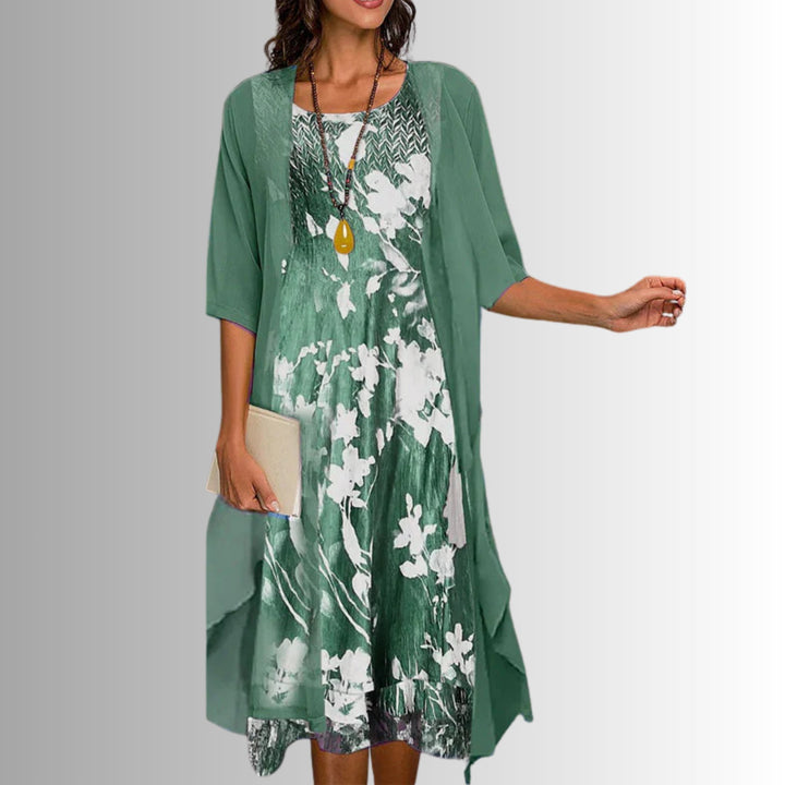 Women's Floral Three-Quarter Sleeve Two-Piece Layered Set - Floral Green