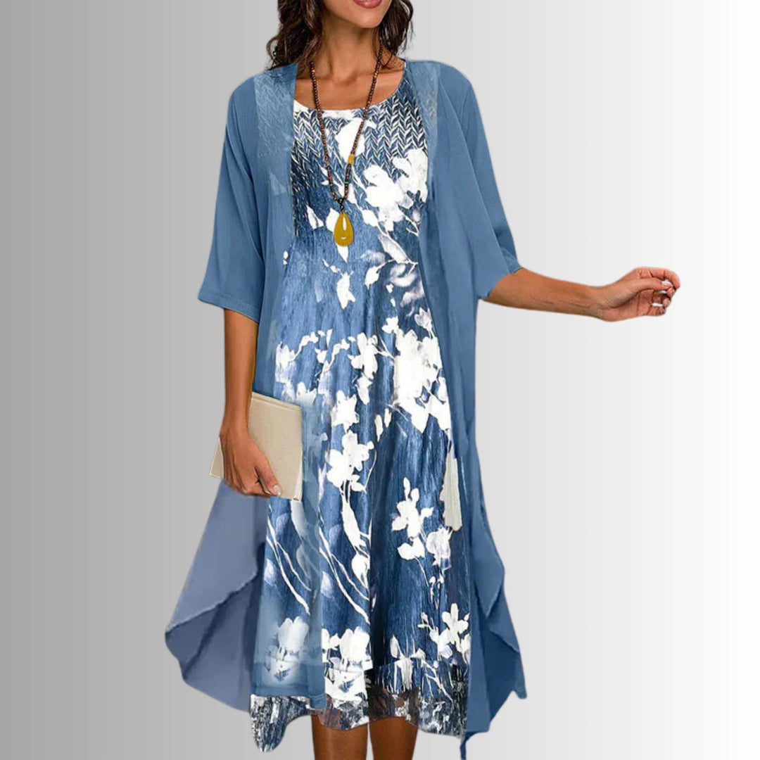 Women's Floral Three-Quarter Sleeve Two-Piece Layered Set - Floral Blue