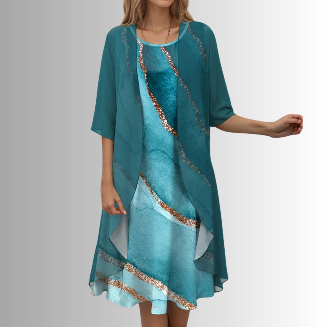 Women's Floral Three-Quarter Sleeve Two-Piece Layered Set - Blue Pattern