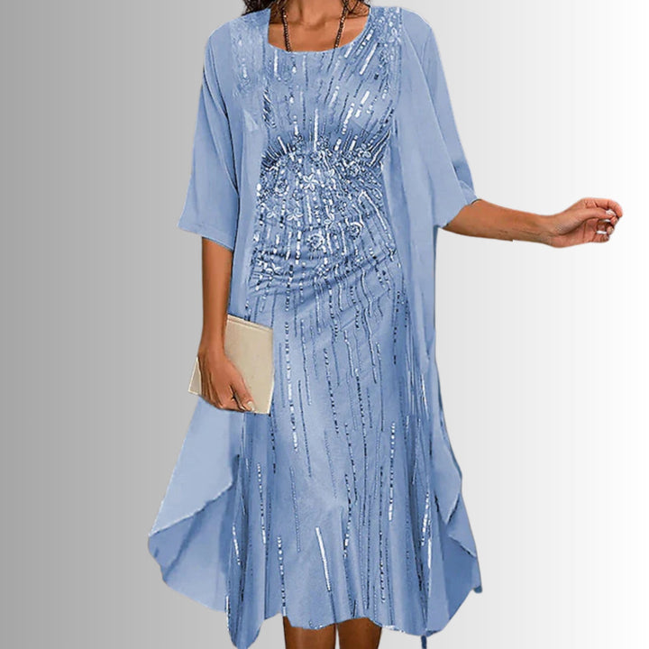 Women's Floral Three-Quarter Sleeve Two-Piece Layered Set - Blue