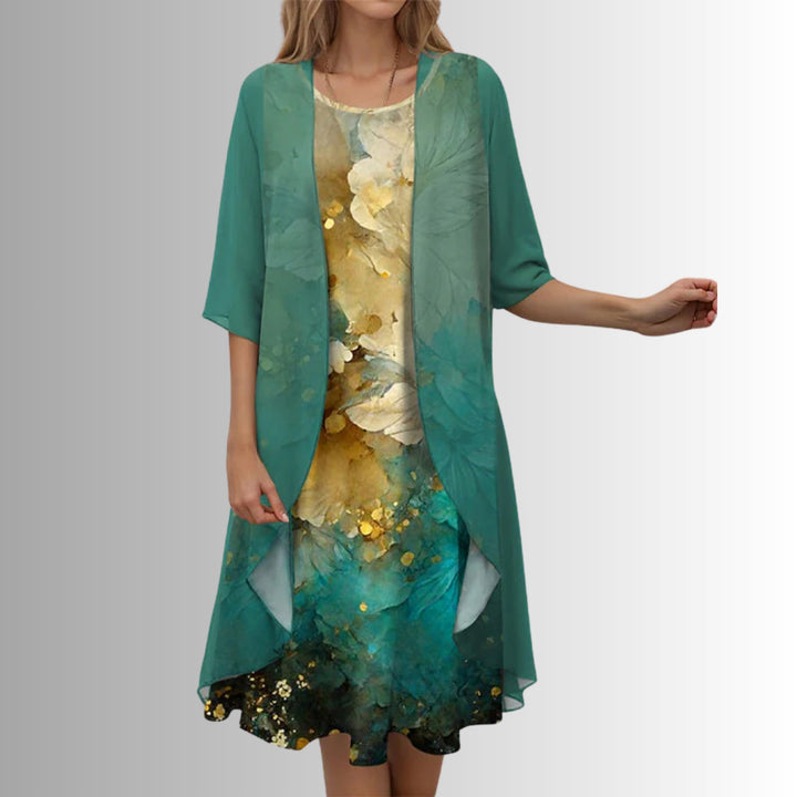 Women's Floral Three-Quarter Sleeve Two-Piece Layered Set - Green Pattern