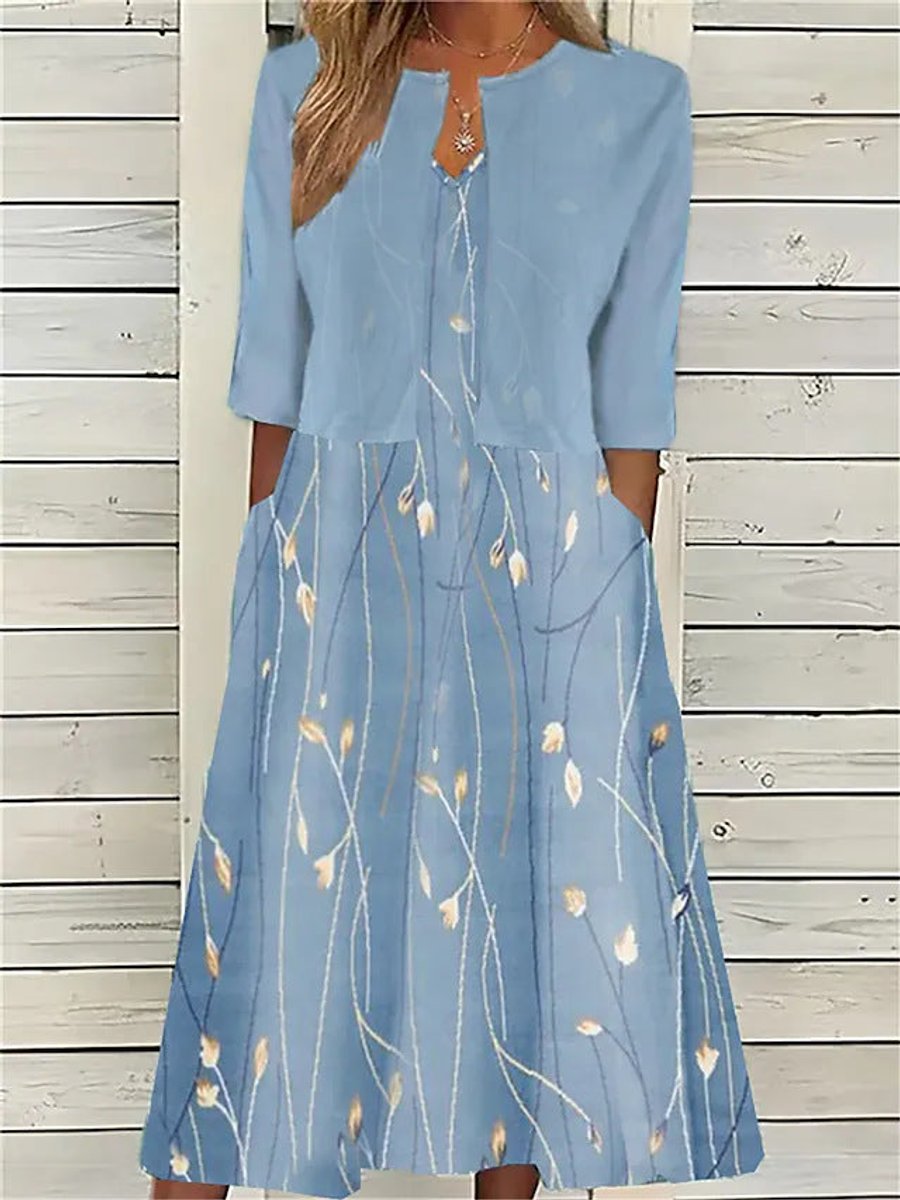 Women's Floral Two-Piece A-Line Midi Dress Three-Quarter Sleeves