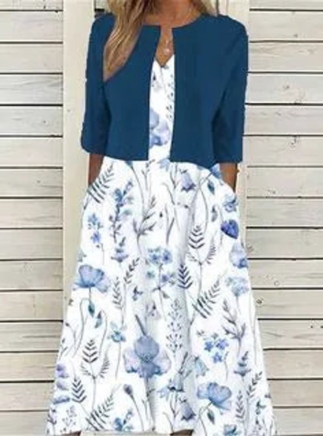 Women's Floral Two-Piece A-Line Midi Dress Three-Quarter Sleeves - Dark Blue