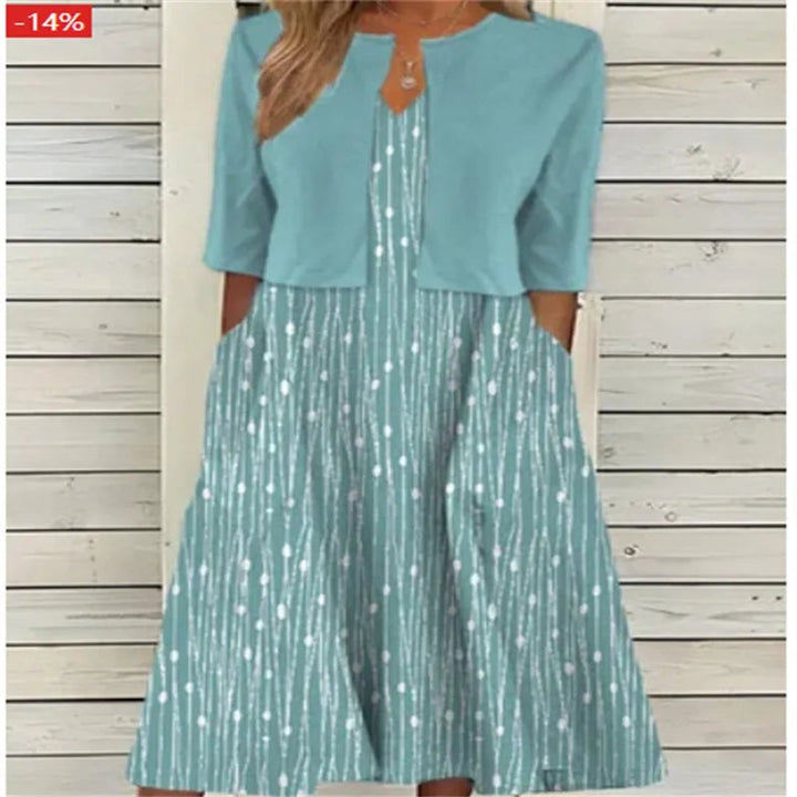 Women's Floral Two-Piece A-Line Midi Dress Three-Quarter Sleeves - Teal
