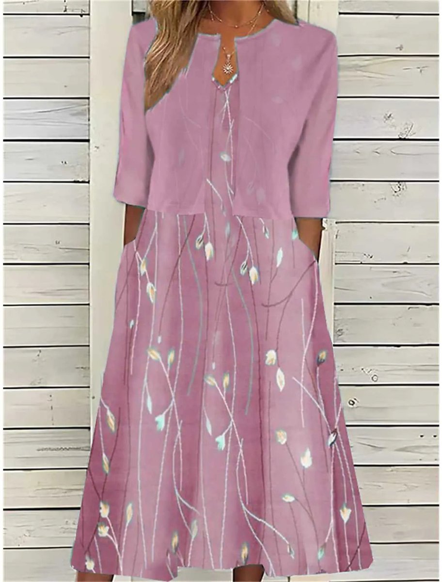 Women's Floral Two-Piece A-Line Midi Dress Three-Quarter Sleeves - Pink