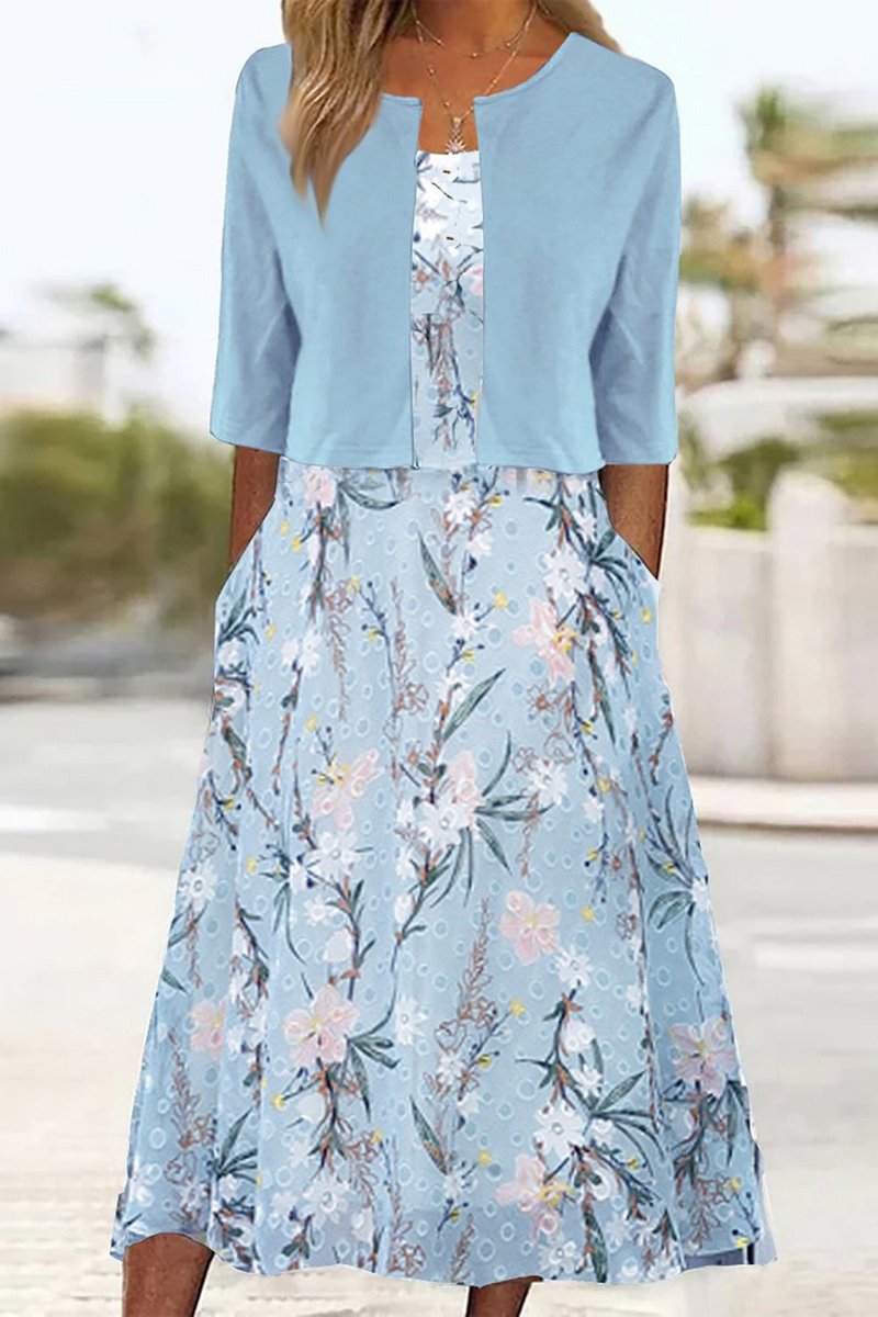 Women's Floral Two-Piece A-Line Midi Dress Three-Quarter Sleeves - Light Blue