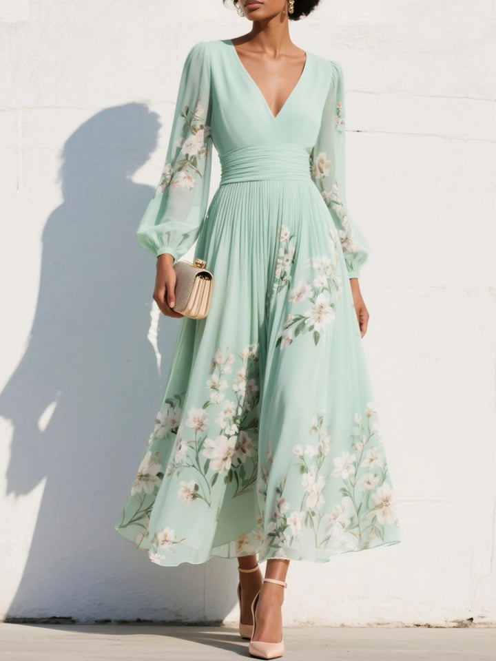 Women's Floral V-Neck Balloon-Sleeve Midi Dress - Light Green