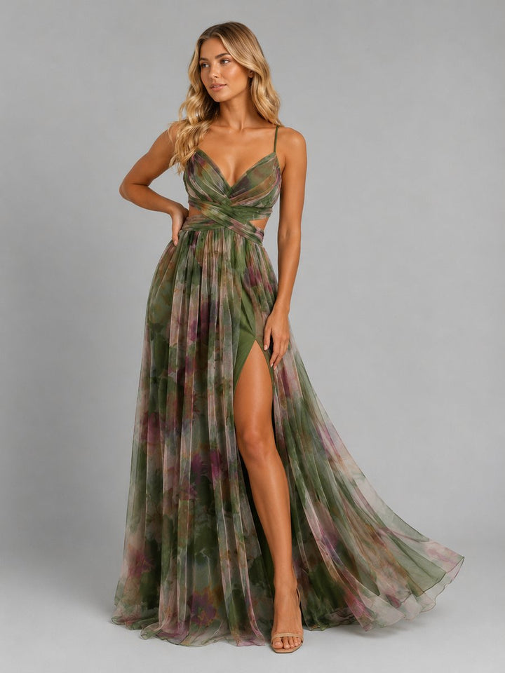 Women's Floral V-Neck Chiffon Maxi Dress Flowing Silhouette - Green