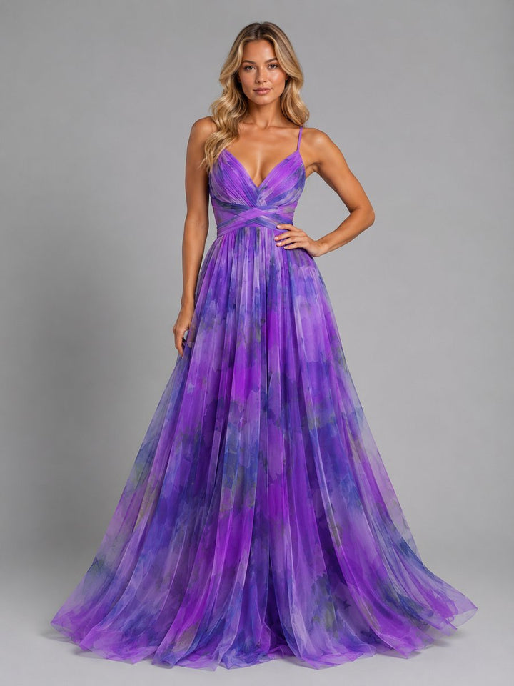 Women's Floral V-Neck Chiffon Maxi Dress Flowing Silhouette - Purple