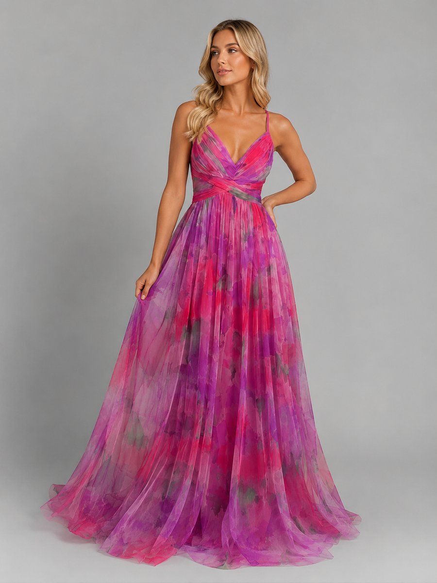 Women's Floral V-Neck Chiffon Maxi Dress Flowing Silhouette - Pink