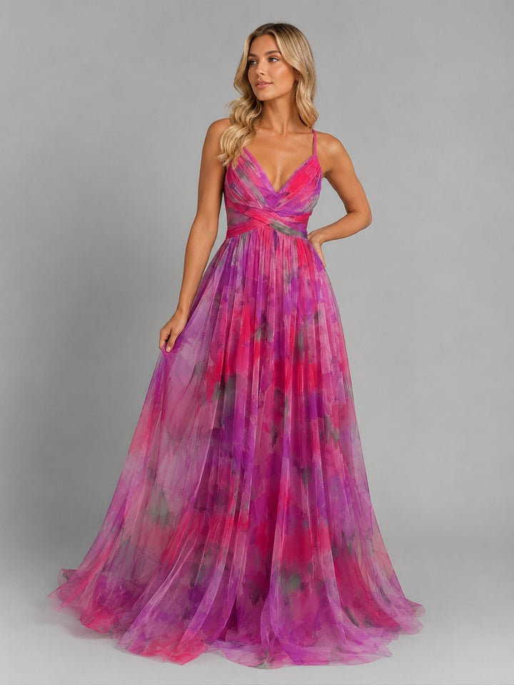 Women's Floral V-Neck Chiffon Maxi Dress Flowing Silhouette - Pink