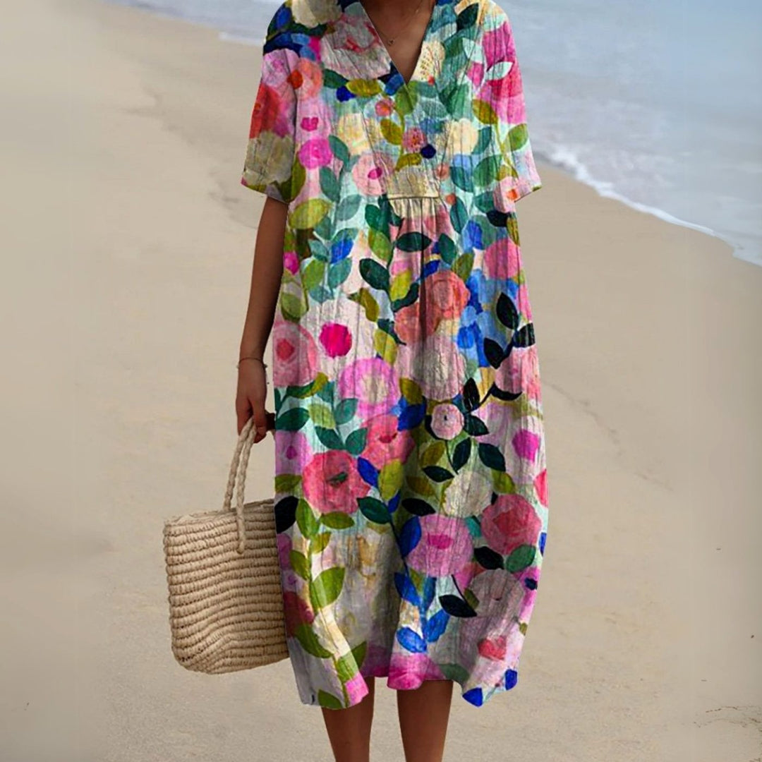 Women's Floral V-Neck Short Sleeve Midi Dress - Floral 1