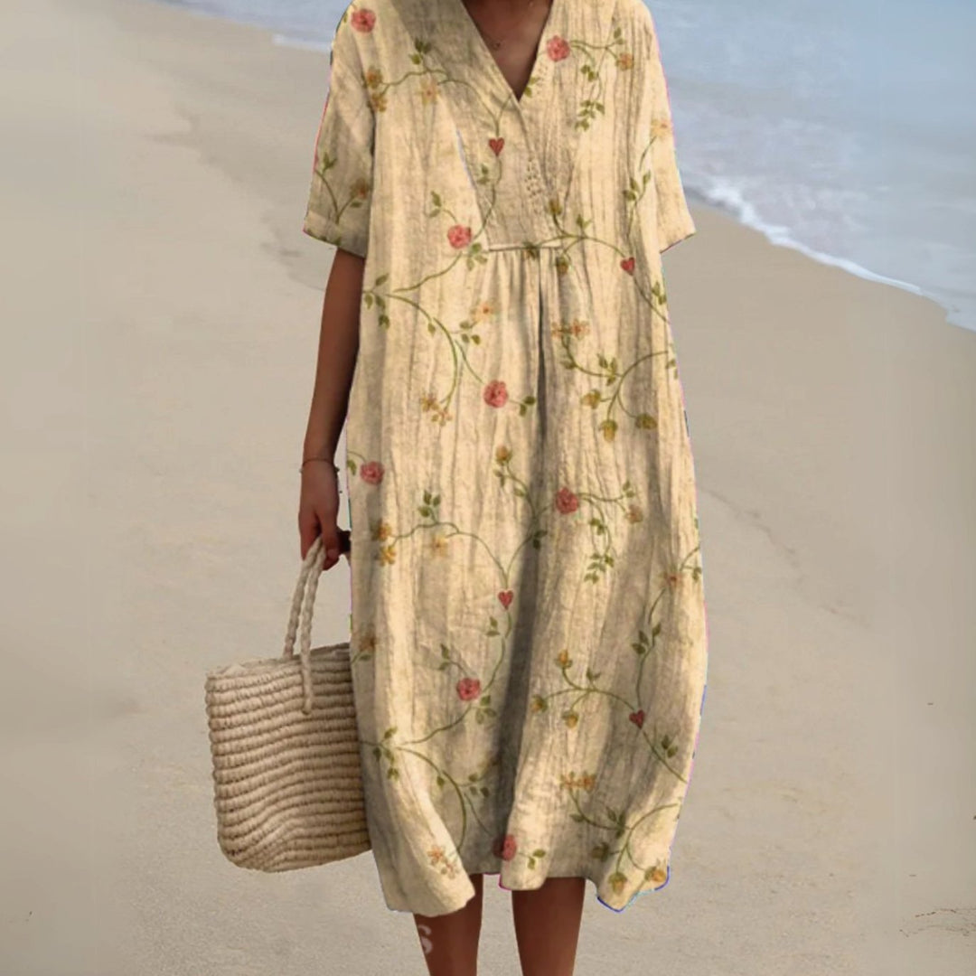Women's Floral V-Neck Short Sleeve Midi Dress - Floral 10