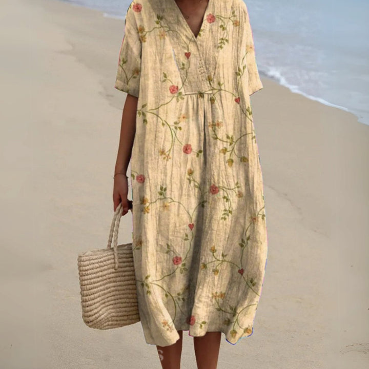 Women's Floral V-Neck Short Sleeve Midi Dress - Floral 10