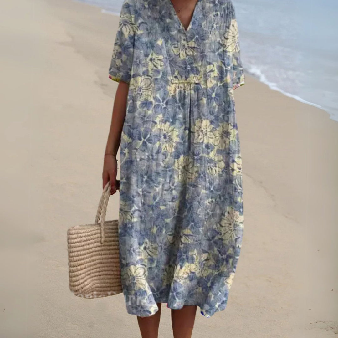 Women's Floral V-Neck Short Sleeve Midi Dress - Floral 11