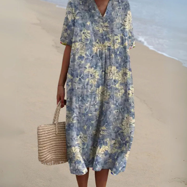 Women's Floral V-Neck Short Sleeve Midi Dress - Floral 11
