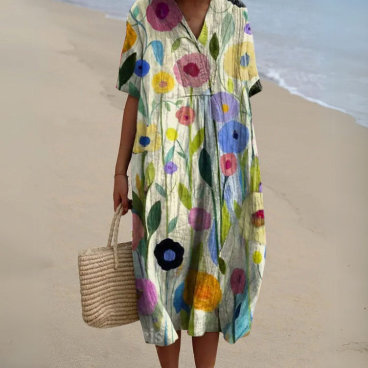 Women's Floral V-Neck Short Sleeve Midi Dress - Floral 12