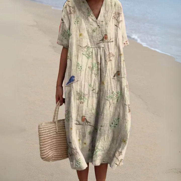Women's Floral V-Neck Short Sleeve Midi Dress - Floral 13